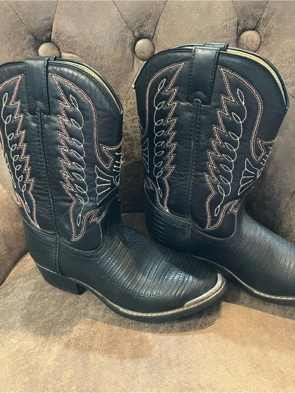 Boys Black Embossed Western Boots with Contrast Stitching